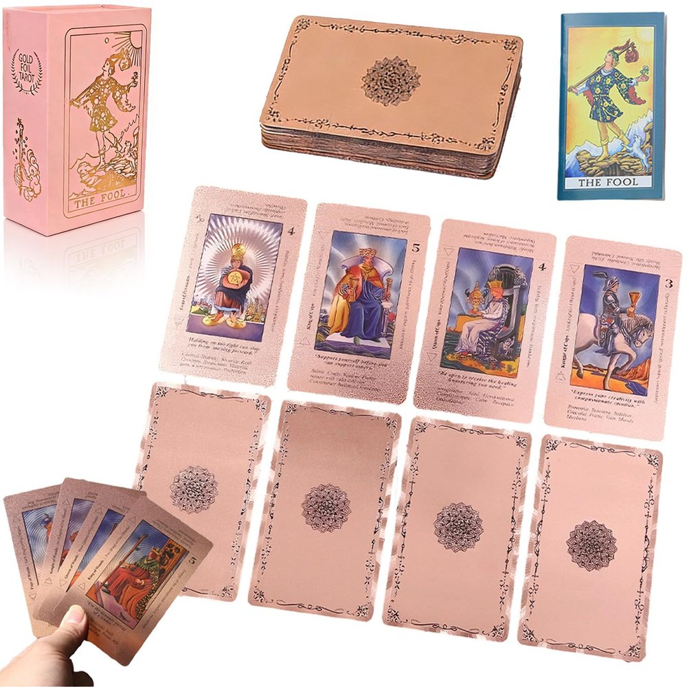 djiatog Rose Gold Tarot Cards, Tarot Cards for Beginners Rose Gold Tarot Cards with Guide Book Gold Foil with Meanings on Them Fortune Telling Game (2 Sets)