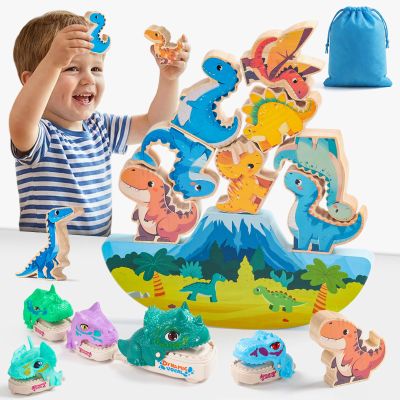 Dinosaur Toys for Kids 2-4, Dinosaur Set for Toddlers 1-3, Wooden Stacking Toys & 5PCS Magnetic Dinosaur Cars, Preschool Educational Learning Toys, Birthday Gifts for Boys Girls 1 2 3 4