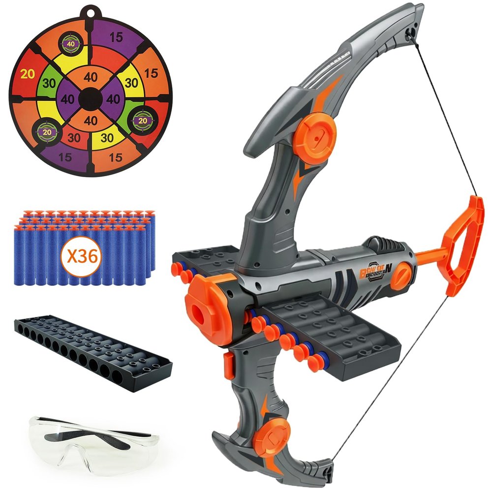 Toy Bow and Arrow for Nerf Gun Bullets, 12-Dart Clip Shot Foam Bullet Toy Archery Set with 36 Foam Darts 1 Goggle and Target, Birthday Gifts Party Game (Grey)