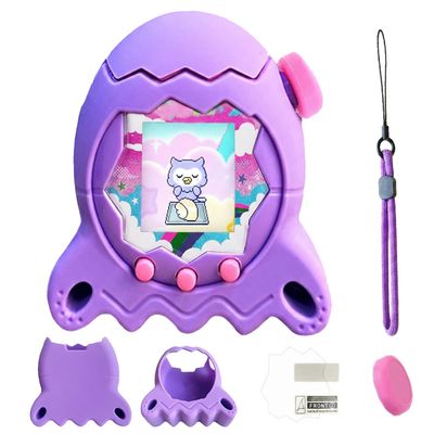 4-in-1 Silicone Case for Tamagotchi Paradise Interactive Virtual Pet, Protective Cover for Electronic Pets with Screen Protector, Lanyard, Top Lid and Button Cap(Purple)