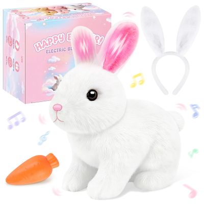 LAITYUM Realistic Bunny for Kids - Interactive Hopping Bunny Toy Set with Bunny Ears, Electric Lifelike Robot Rabbit that Move, Walking Barking and Wagging Tail Bunby Stuffed Animal with Sounds,White