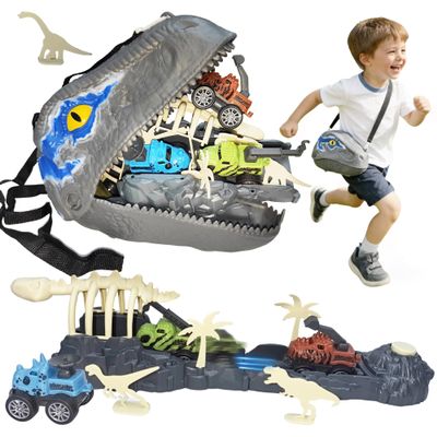 Dinosaur Launch Tracks Toys with Rolling Wheels & Storage Box & Shoulder Bag, 3-in-1 Toy Set for Kids 3+, Cool Dinosaur Car Playset for Toddler Boys & Girls' Festival Gift (Velociraptor)