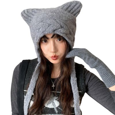 2. Cartoon Pullover Ear Hat for Outdoor Climbing Skiing Winter Headwear Thick Lining Head Cover Cold Weather Ear Gray