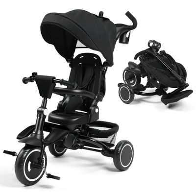 Kinder King Kids Trike Tricycle for Toddlers 1-3, 8 in 1 Folding Toddler Tricycle Bike w/1-Step Brake, Adjustable Push Handle, Rotatable Seat, Adjustable Canopy, Bell, 5-Point Harness, Storage, Black