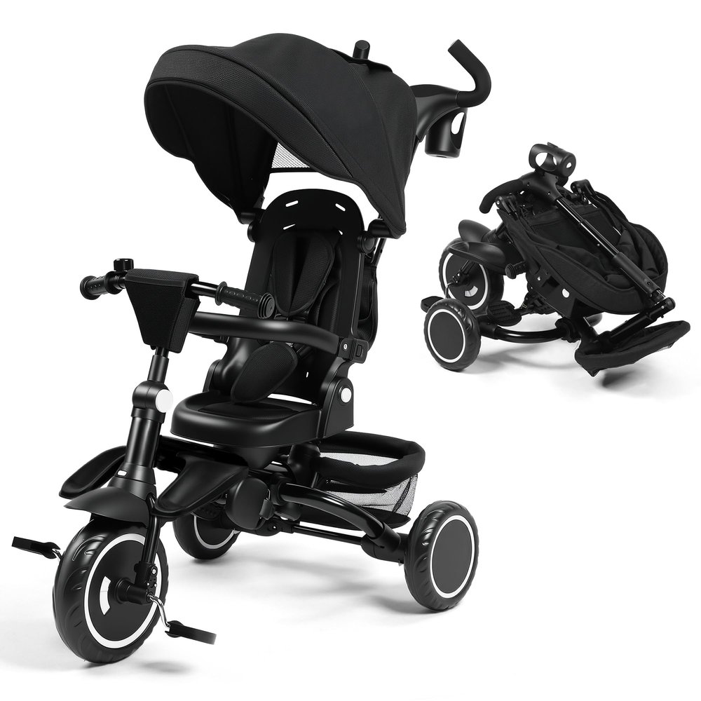 Kinder King Kids Trike Tricycle for Toddlers 1-3, 8 in 1 Folding Toddler Tricycle Bike w/1-Step Brake, Adjustable Push Handle, Rotatable Seat, Adjustable Canopy, Bell, 5-Point Harness, Storage, Black