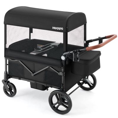 HARPPA Foldable Wagon for Kids, 4 Seater Stroller Wagon with Seats, One-Button Fold, UPF50+ Canopy & Mosquito Net, All-Terrain Wheels, Adjustable Handle, Easy to Store Black