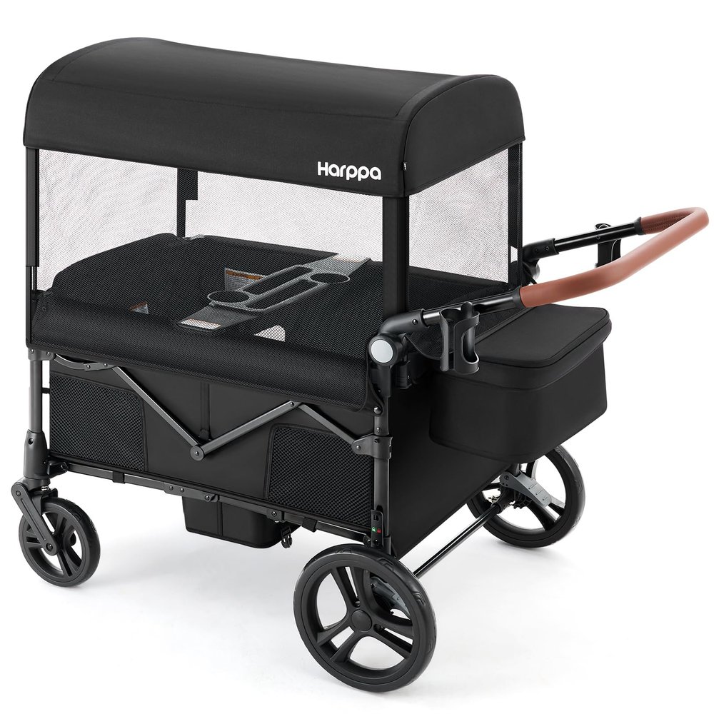 HARPPA Foldable Wagon for Kids, 4 Seater Stroller Wagon with Seats, One-Button Fold, UPF50+ Canopy & Mosquito Net, All-Terrain Wheels, Adjustable Handle, Easy to Store Black