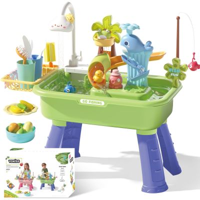YOKISS Sand and Water Table Toy for Toddlers, 22 Piece Toy Accessories, 4L Large Capacity Basin, Fishing Game/Kitchen Sink Toys, Perfect Summer Gift for Kids Ages 3-8 (Green)