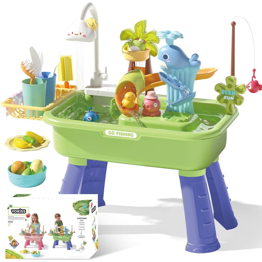 YOKISS Sand and Water Table Toy for Toddlers, 22 Piece Toy Accessories, 4L Large Capacity Basin, Fishing Game/Kitchen Sink Toys, Perfect Summer Gift for Kids Ages 3-8 (Green)