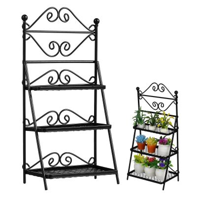 Toyvian Miniature Dollhouse Flower Rack, 1:12 Scale Black Metal Tiered Plant Stand Vintage Wrought Iron Style Garden Furniture Accessories for Balcony Patio or Fairy Garden