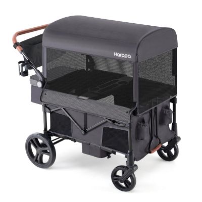Harppa Remy Wagon Stroller for 4 Kids, Foldable 4-Seater Stroller Wagon with Mosquito Net Canopy,Snack Tray, 8''/12''All-Terrain Wheels, 280Ibs Capacity for Zoo,Growing Family Outings Toddler Grey