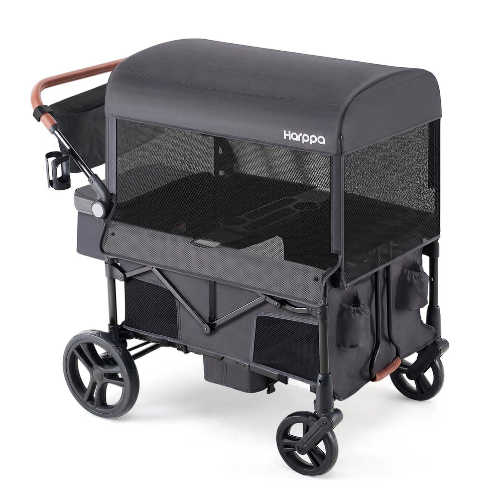 Harppa Remy Wagon Stroller for 4 Kids, Foldable 4-Seater Stroller Wagon with Mosquito Net Canopy,Snack Tray, 8''/12''All-Terrain Wheels, 280Ibs Capacity for Zoo,Growing Family Outings Toddler Grey