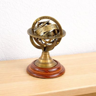 11" Vintage Zodiac Armillary Brass Sphere Globe Wooden Display | Antique brass Armillary Sphere Pirate's Ship Decor Globe