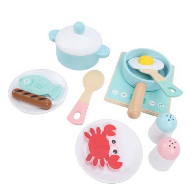 SPYMINNPOO Wooden Play Cooking Set, Pretends Play Kitchen Accessories Toys Set for Kids with Pans Plates for Girls Boys Birthday