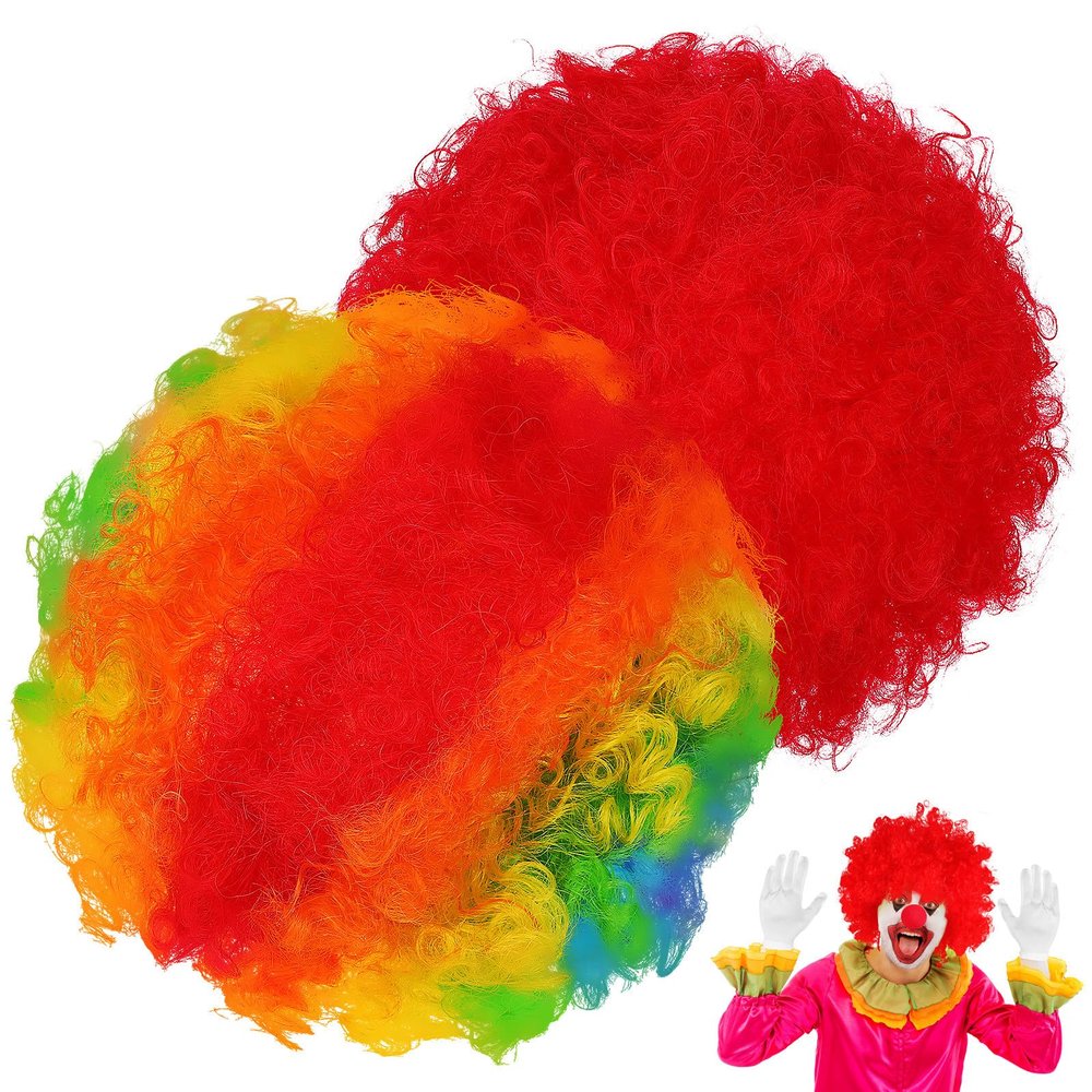 ifundom 2Pcs Rainbow and Red Clown Afro Wigs Unisex Short Cosplay Hair Accessories for Carnival Theme Party and Disco Costume