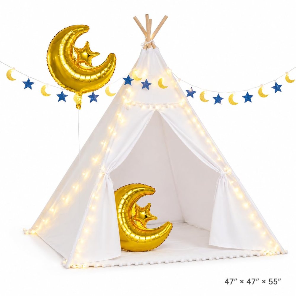 Cinrobiye Mosque Theme Indoor Canopy Tent, Cozy Corner Decor for Home, Reading Nook Tent with Canvas Frame, String Lights and Banner, Indoor Party Backdrop for Birthday Celebration, Family Gathering