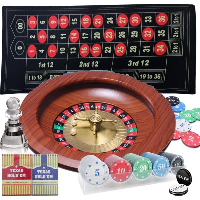 12 Roulette Wheel Game Set, Roulette Table and Wheel,12 Wood Roulette Wheel, 47 x 24 Rubber Roulette Mat, 100PCSRoulette Chips Dealer Button 2 Decks of Poker, Casino Games Night Party for Adult