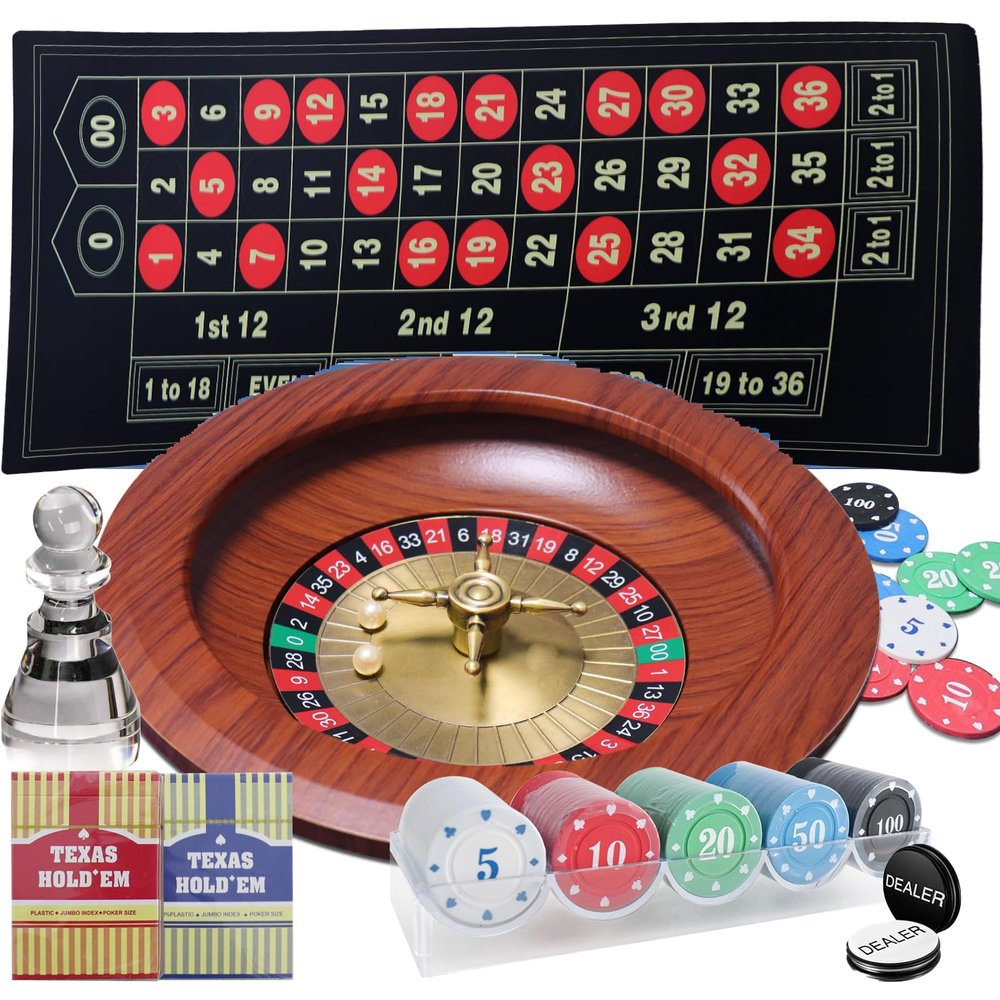 12 Roulette Wheel Game Set, Roulette Table and Wheel,12 Wood Roulette Wheel, 47 x 24 Rubber Roulette Mat, 100PCSRoulette Chips Dealer Button 2 Decks of Poker, Casino Games Night Party for Adult