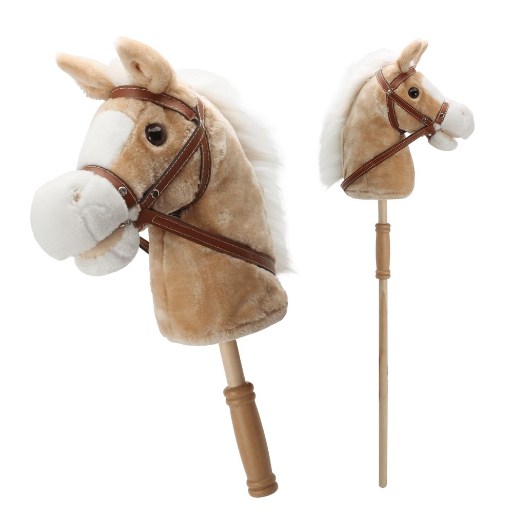 Linzy Toys 35.5" Plush Stick Horse - Funny Hobby Horse with Pony Sound, Soft Realistic Mane & Durable Leather Reins, Pretend Play Riding Toy for Boys & Girls Ages 3+ (Light Brown)