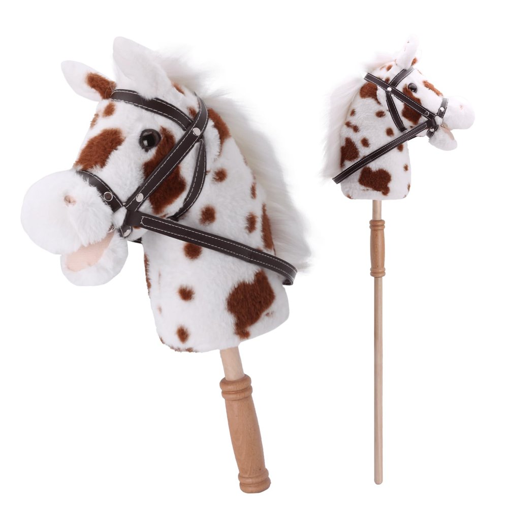 Linzy Toys 35.5" Plush Stick Horse - Funny Hobby Horse with Pony Sound, Soft Realistic Mane & Durable Leather Reins, Pretend Play Riding Toy for Boys & Girls Ages 3+ (Spotted)