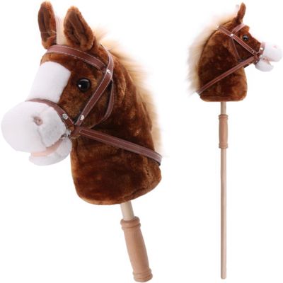 Linzy Toys 35.5" Plush Stick Horse - Funny Hobby Horse with Pony Sound, Soft Realistic Mane & Durable Leather Reins, Pretend Play Riding Toy for Boys & Girls Ages 3+ (Brown)