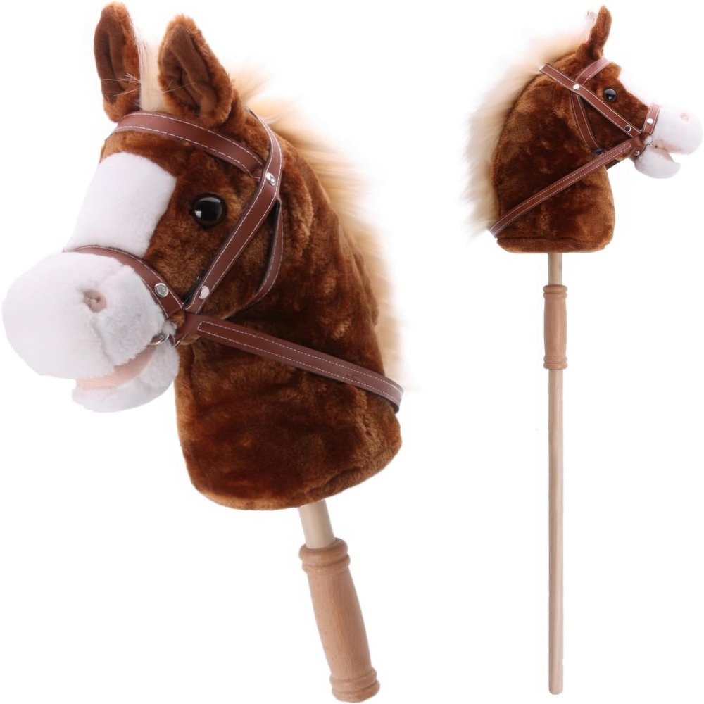 Linzy Toys 35.5" Plush Stick Horse - Funny Hobby Horse with Pony Sound, Soft Realistic Mane & Durable Leather Reins, Pretend Play Riding Toy for Boys & Girls Ages 3+ (Brown)