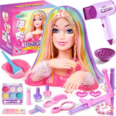Toylink Doll Head for Hair Styling Kids Makeup Kit, 34Pcs Hair Salon Pretend Play Toys with Hairdryer Straightener Makeup Princess Accessories, Birthday Gifts for Girls 3 4 5 6 7 8