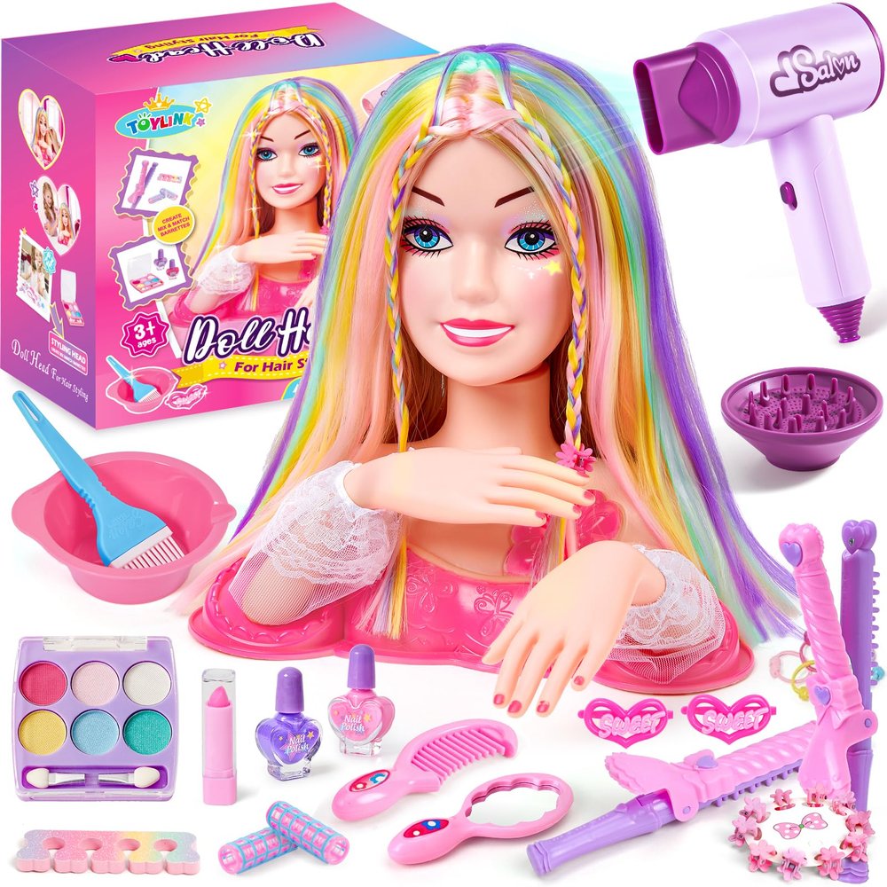 Toylink Doll Head for Hair Styling Kids Makeup Kit, 34Pcs Hair Salon Pretend Play Toys with Hairdryer Straightener Makeup Princess Accessories, Birthday Gifts for Girls 3 4 5 6 7 8