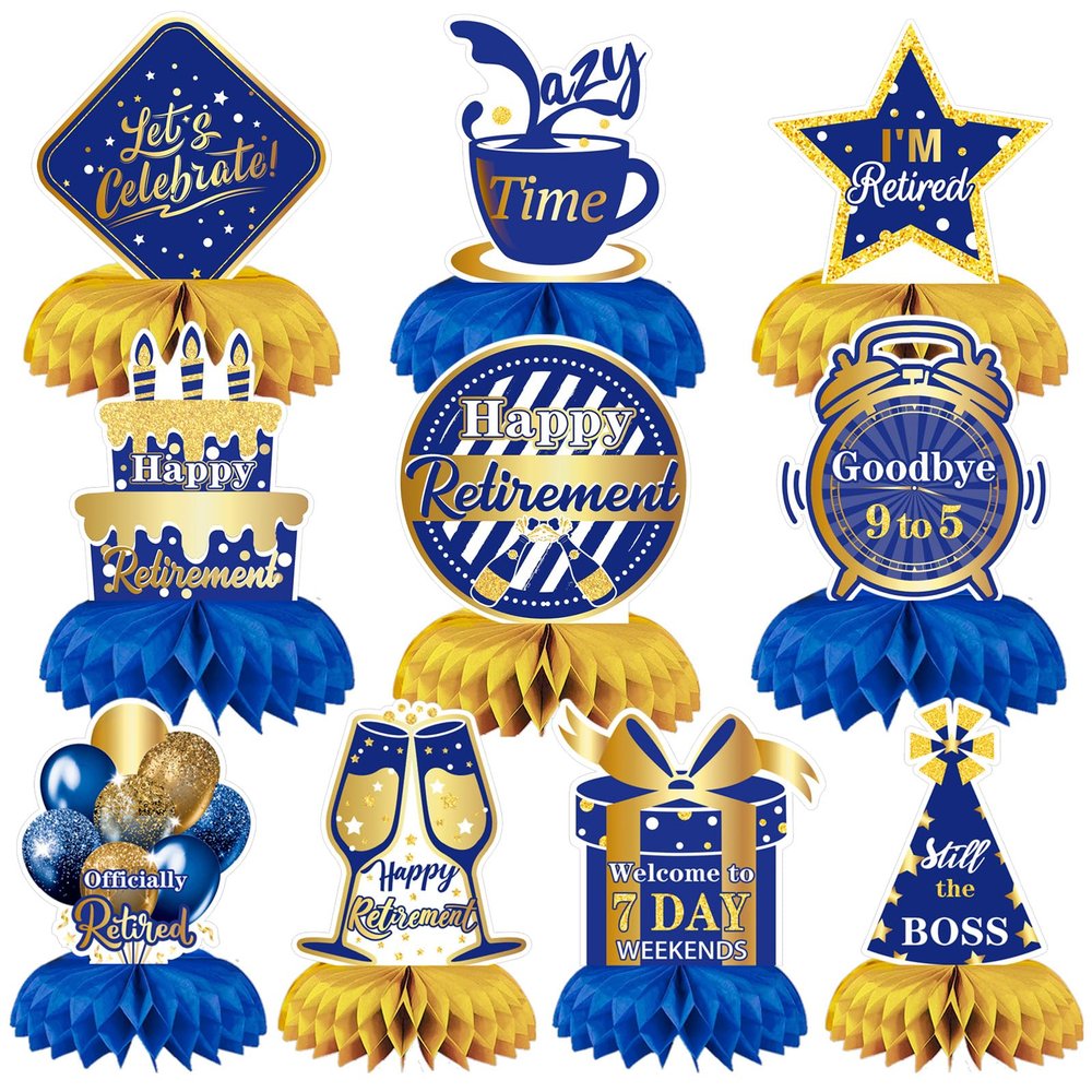 10 Pcs Retirement Party Decorations, Blue Gold Retirement Table Honeycomb Centerpieces Happy Retirement Table Topper for Men Women Happy Retirement Decorations for Party Supplies