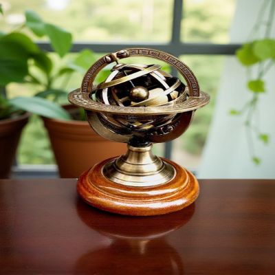 Antique-Inspired Armillary Sphere with Solid Wooden Base | Vintage Astronomical Globe Sculpture for Home Dcor, Office Desk, Library Shelf & Study Room