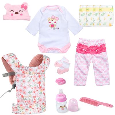 Reborn Baby Doll Clothes Accessories Set with Floral Doll Carrier, 12Pcs Pink Outfit Fit 18-22 Inch Newborn Reborn Doll, Pretend Dress Up Playset
