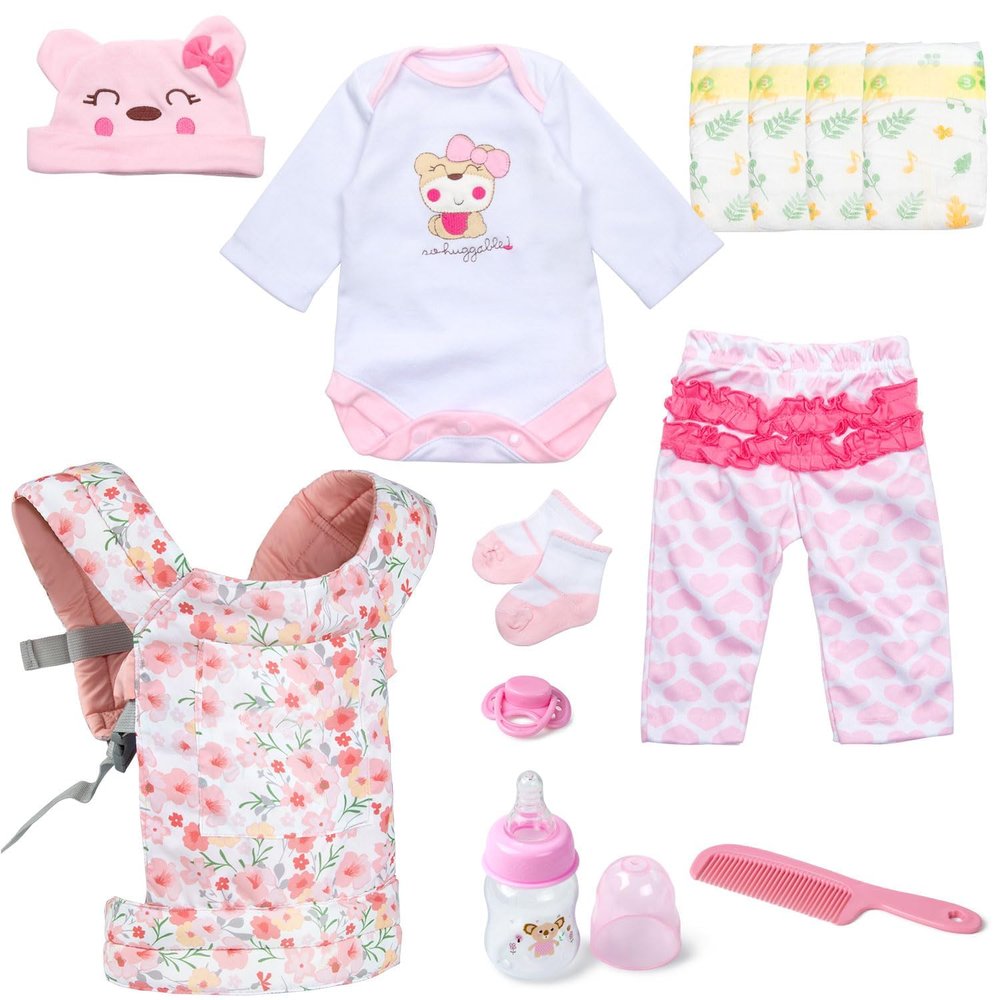 Reborn Baby Doll Clothes Accessories Set with Floral Doll Carrier, 12Pcs Pink Outfit Fit 18-22 Inch Newborn Reborn Doll, Pretend Dress Up Playset