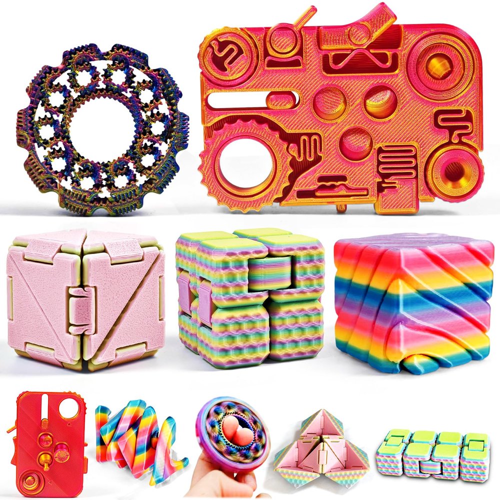 3D Printed Fidget Toys Set, Rainbow Spinner & 12-in-1 Infinity Cube, Desk Stress Relief Toys Sensory Focus Anxiety Gifts for Adults (5 Pack)
