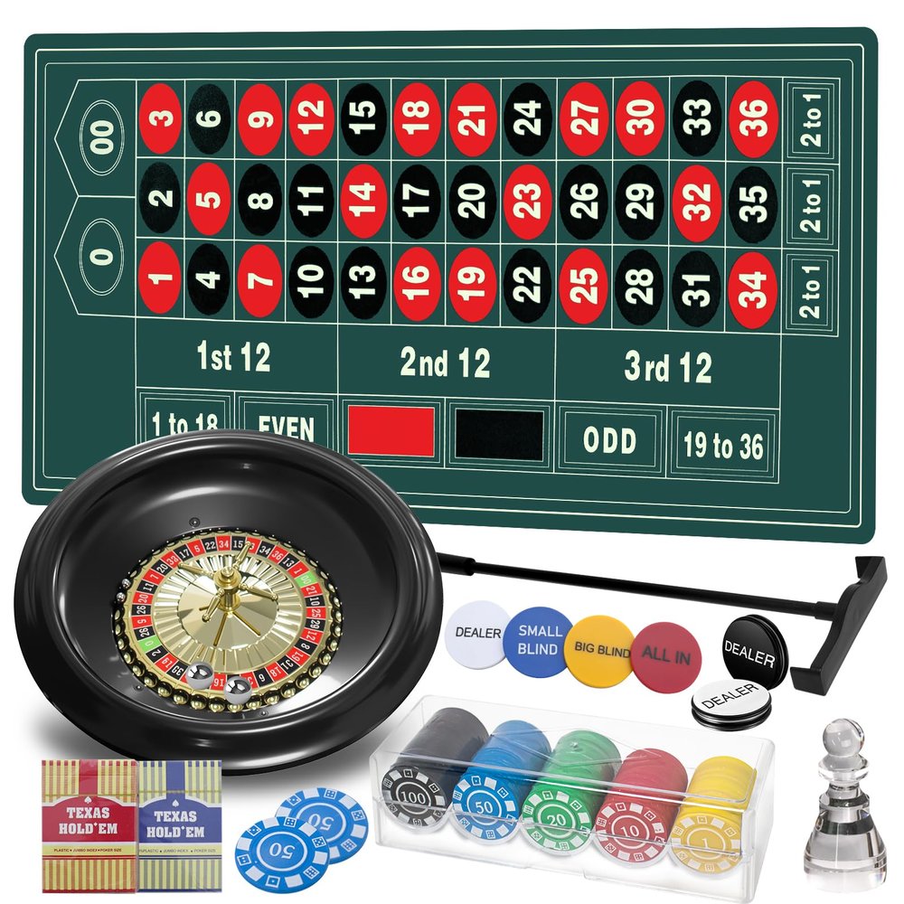 16 Roulette Wheel Game Set, Roulette Table and Wheel,16 ABS Roulette Wheel, 47 x 24 Rubber Roulettes Mat, 100PCS Roulette Chips Dealer Button 2 Decks of Poker, Casino Games Night Party for Adult