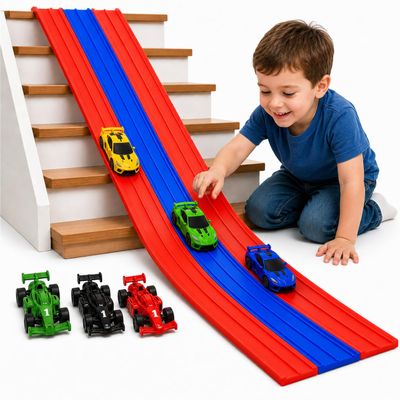 16FT 3-Lane Flexible Race Track for Kids, Roll-Up Car Track Set with 6 Race Cars, Suction Cups & Ramps, Build Loops, Slopes and Crossovers, Fits Most 1:64 Die-Cast Cars, Ages 3+