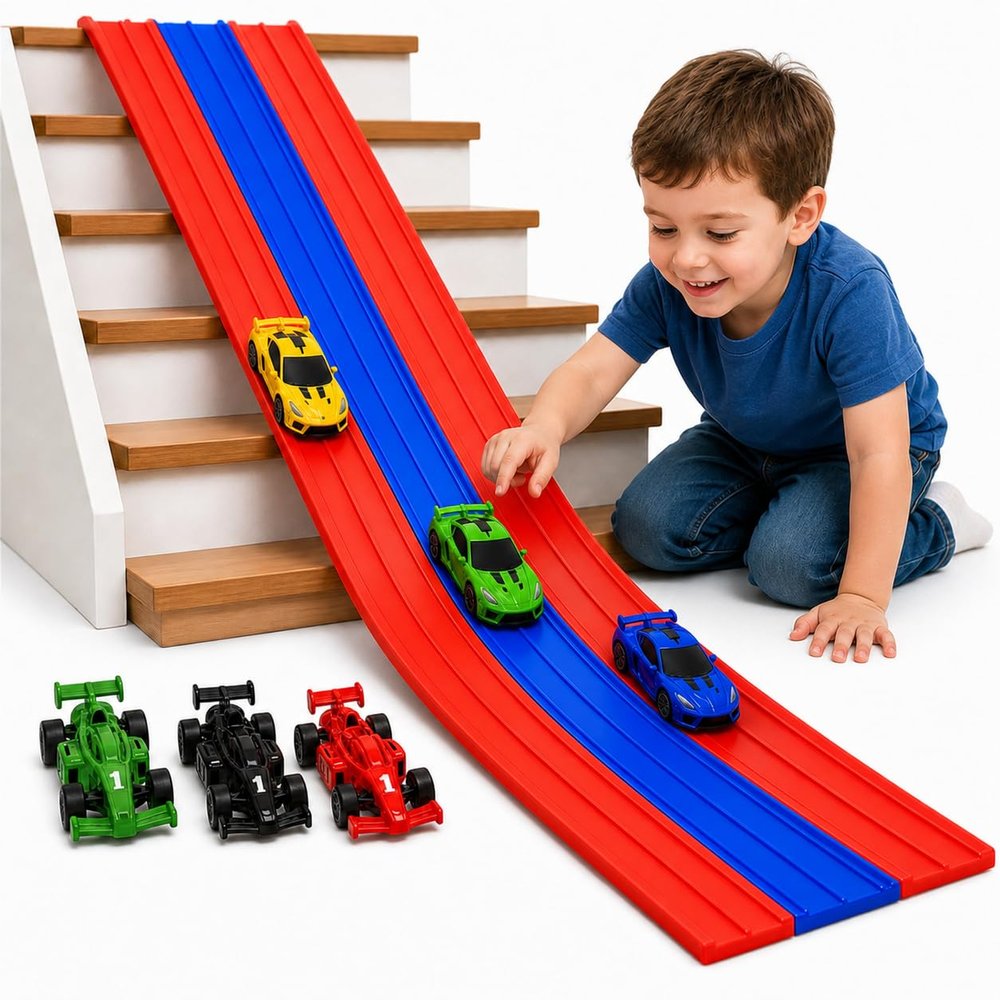 16FT 3-Lane Flexible Race Track for Kids, Roll-Up Car Track Set with 6 Race Cars, Suction Cups & Ramps, Build Loops, Slopes and Crossovers, Fits Most 1:64 Die-Cast Cars, Ages 3+