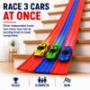16FT 3-Lane Flexible Race Track for Kids, Roll-Up Car Track Set with 6 Race Cars, Suction Cups & Ramps, Build Loops, Slopes and Crossovers, Fits Most 1:64 Die-Cast Cars, Ages 3+ view 2