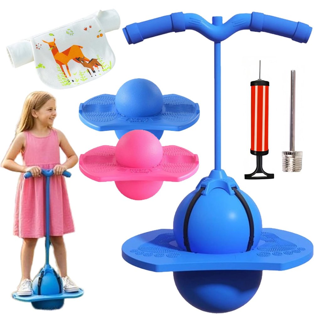 Balance Jumping Ball, Pogo Ball with Handle and Pump for Beginners & Adults, Up to 600lb, Silent Design, Fun Challenge Indoor Outdoor Bounce Toys, for Balance/Coordination/Fitness (Blue)