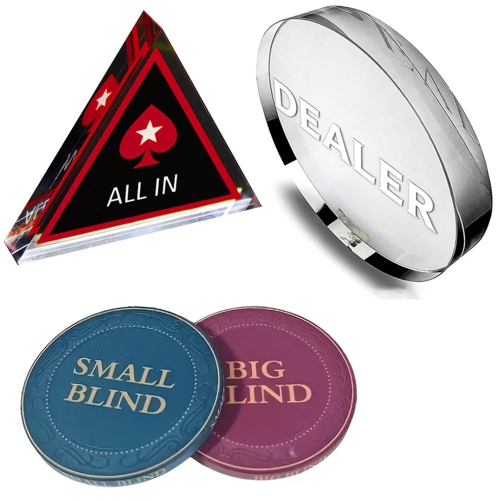 [Set of 4] Dealer Button, Ceramic Big Blind and Small Blind, Poker Crystal ALL IN Buttons (Position Markers)Poker Chips for Texas Holdem Poker Night | Professional Dealer Button & Poker Accessories