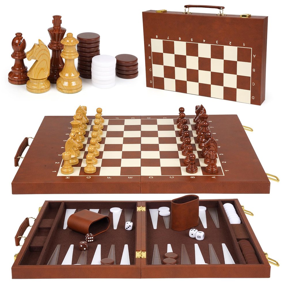 3-in-1 Chess Checkers Backgammon Set 15" Folding Leather Chess Board with Handle, Acrylic Chess Pieces & Checkers, Travel Board Game Set with Storage & 2 Extra Queens