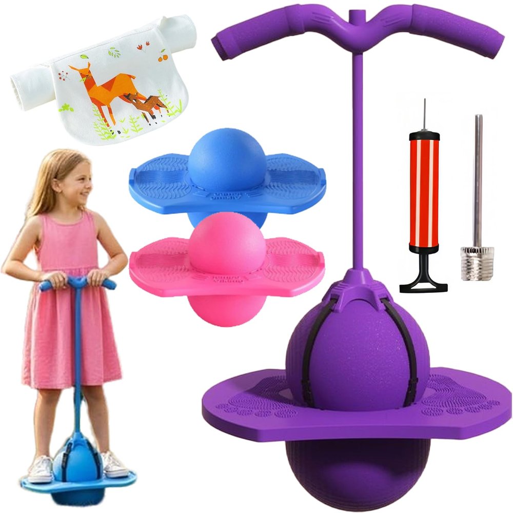 Children's Balance Jumping Ball, Pogo Ball with Handle and Pump for Kids & Adults, Up to 600lb, Silent Design, Fun Challenge Indoor Outdoor Toys, for Balance, Coordination, Fitness (Purple)