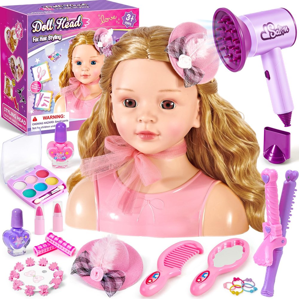 Golray Doll Head for Hair Styling Kids Girls, 30+ PCS Real Washable Makeup Kit&Beauty Salon Pretend Play Set with Hair Dryer, 9" Half Body Princess Doll Toy Birthday Gift for Girl Age 3 4 5 6 7 8 9 10