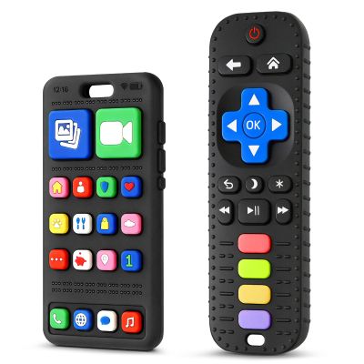 2 Pack Baby Teething Toys for 3-6 6-18 Months, Silicone Phone & TV Remote Control Shape Teether Toys, Teething Relief Sensory Chew Toys, Baby Shower Gifts for Infant Boys Girls 6-12 Months