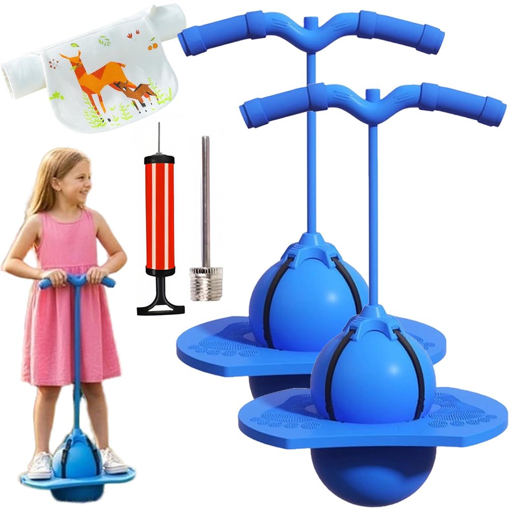 Children's Balance Jumping Ball, Pogo Ball with Handle and Pump for Kids & Adults, Up to 600lb, Silent Design, Fun Challenge Indoor Outdoor Toys, for Balance, Coordination, Fitness (Blue*2)