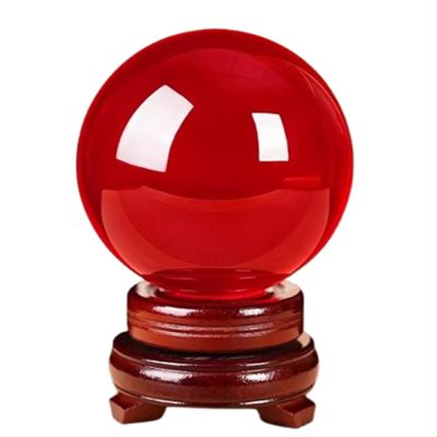 MCZUNAFLS Red Crystal Ball Figurine Gifts,Feng Shui Magic Glass Sphere with Wooden Stand,Decorative Ball for lensball Photography,Fortune Teller,Witchcraft,3.14"(8cm)