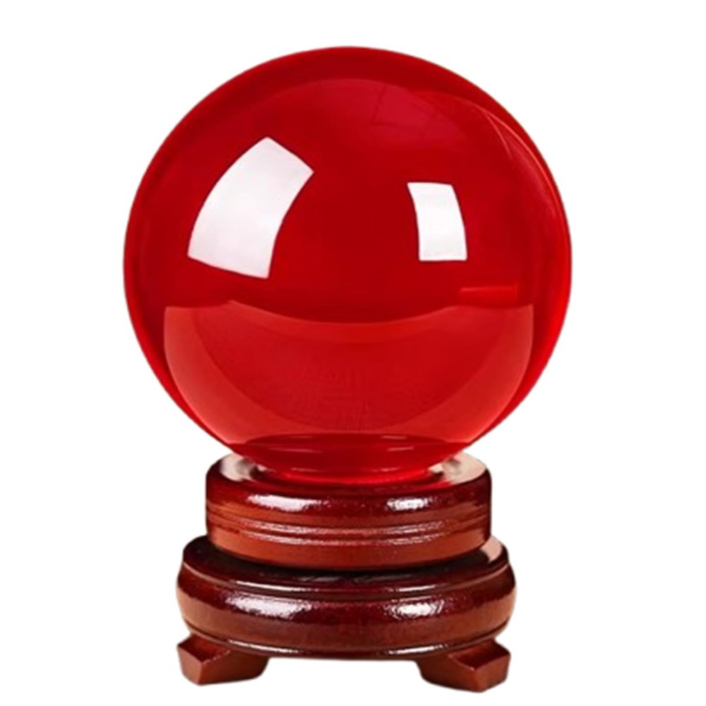 MCZUNAFLS Red Crystal Ball Figurine Gifts,Feng Shui Magic Glass Sphere with Wooden Stand,Decorative Ball for lensball Photography,Fortune Teller,Witchcraft,3.14"(8cm)