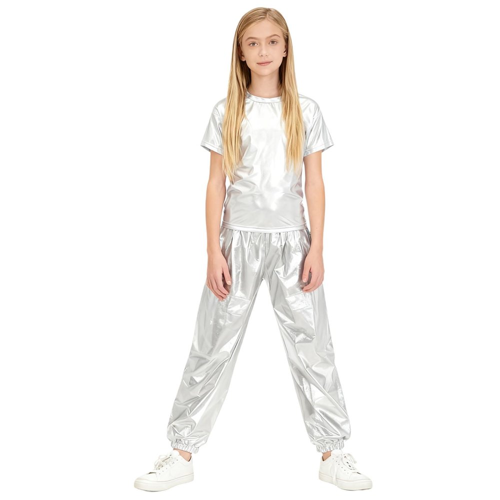 Yiesvsov Youth Girls Boys Disco Party Costume 2Pcs T-Shirt with Joggers Pants Set Athletic Tracksuit Jazz Streetwear Silver 7-8 Years