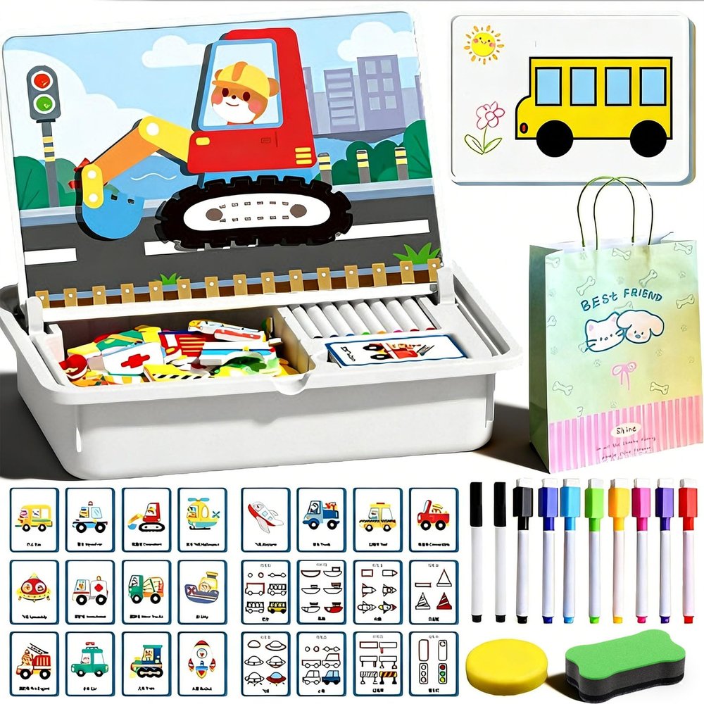 2026 Upgraded Magnetic Puzzle Learning Building Block Toys, Double Side Magnetic Dress Up Puzzle, Portable Magnetic Face Puzzle with Write Board, Enhances Creativity and Learning (Transportation)
