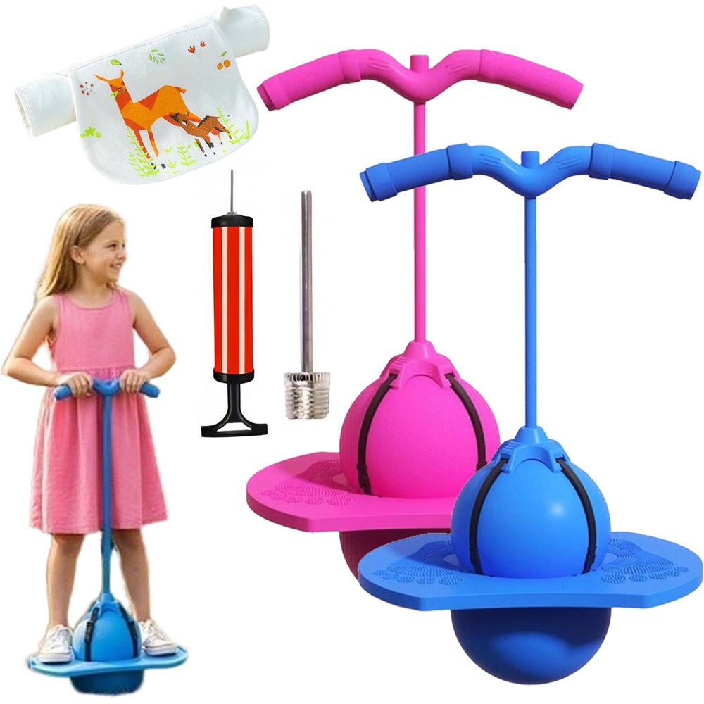 Children's Balance Jumping Ball, Pogo Ball with Handle and Pump for Kids & Adults, Up to 600lb, Silent Design, Fun Challenge Indoor Outdoor Toys, for Balance, Coordination, Fitness (Blue+Pink)
