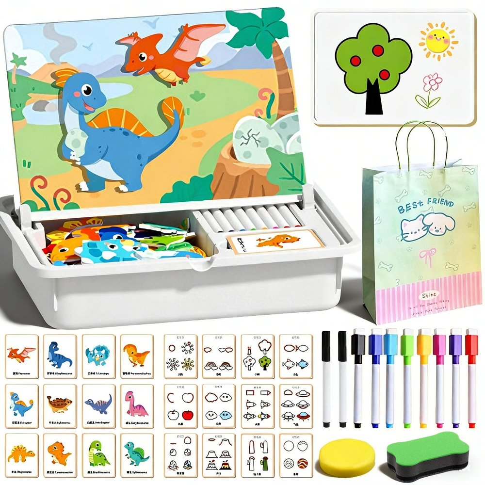 2026 Upgraded Magnetic Puzzle Learning Building Block Toys, Double Side Magnetic Dress Up Puzzle, Portable Magnetic Face Puzzle with Write Board, Enhances Creativity and Learning (Dinosaur World)